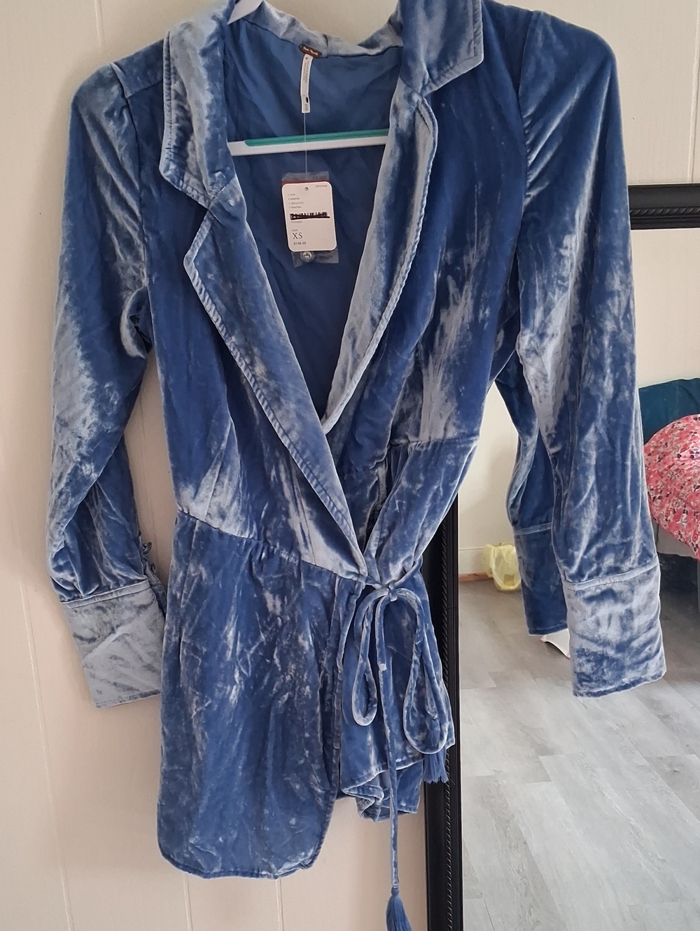 Free People NWT Velvet Wrap Shorts Romper Long Sleeve - Blue